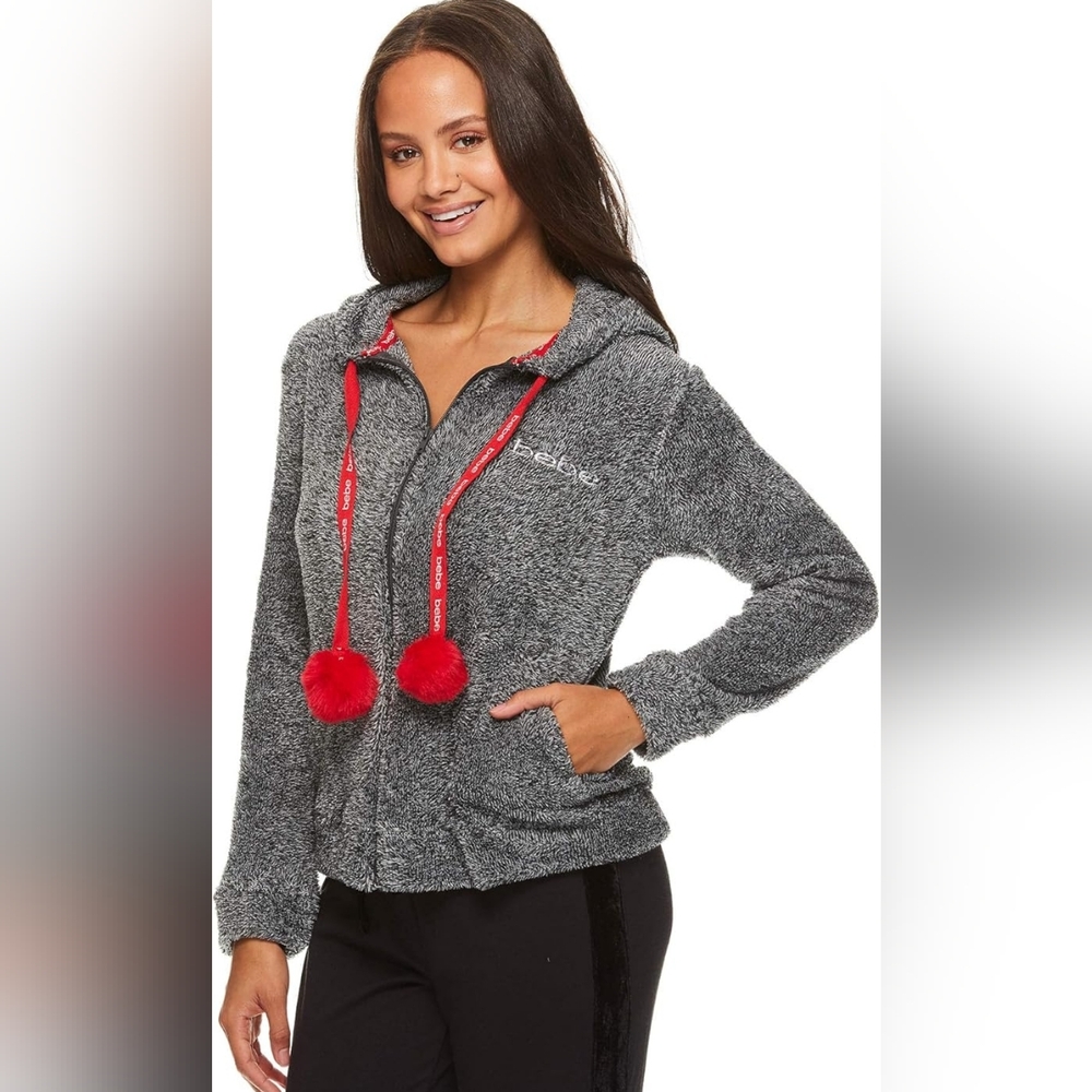 NWT Bebe Gray Zip-Up Hoodie with Red Pom Poms